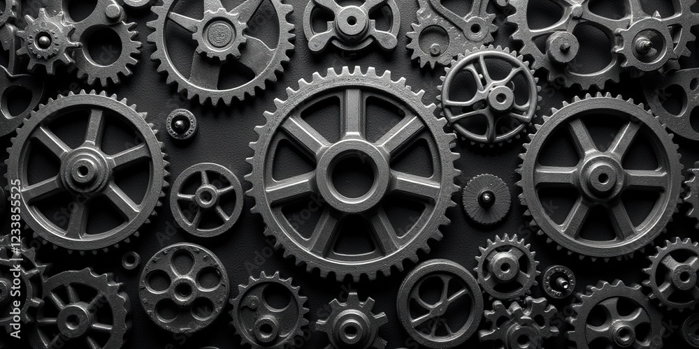 Intricate black and white gears intricately interlock in a mesmerizing circular dance; the central, largest gear anchors this mechanical masterpiece Intricate black and white gears intricately interlock in a mesmerizing circular dance; the central, largest gear anchors this mechanical masterpiece
