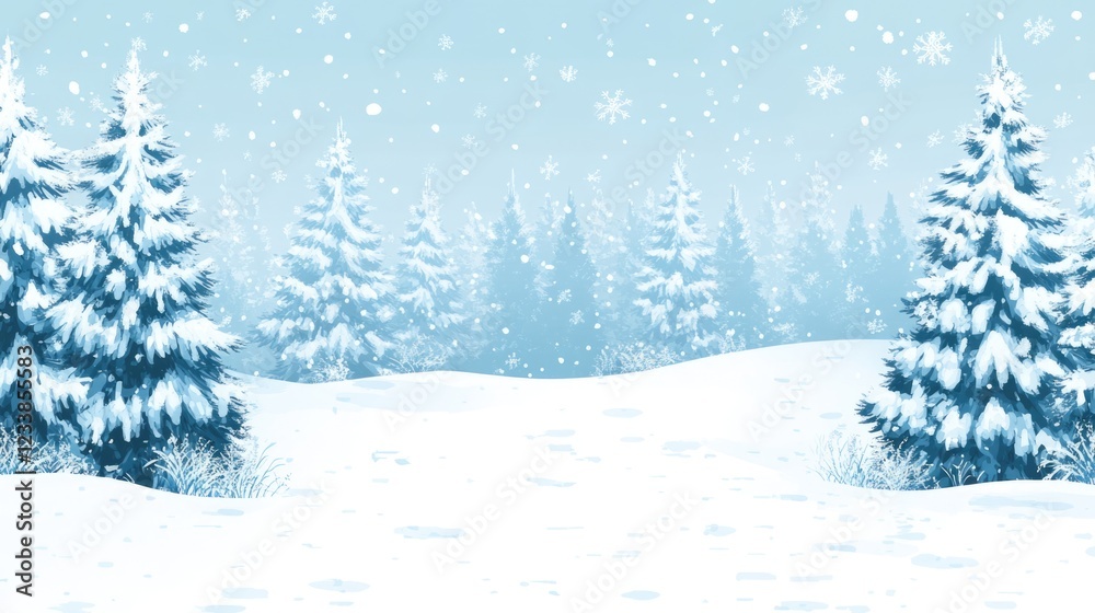 Obraz premium Winter forest landscape featuring snow-covered fir trees with expansive empty space for textual overlay and serene ambiance.