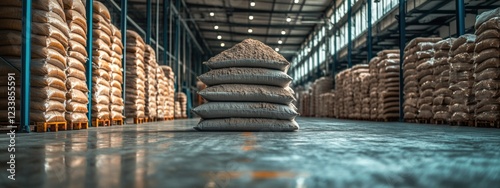 Wallpaper Mural Interior of industrial warehouse showcasing stacked cement bags with ample empty space for text in a raw material production environment Torontodigital.ca