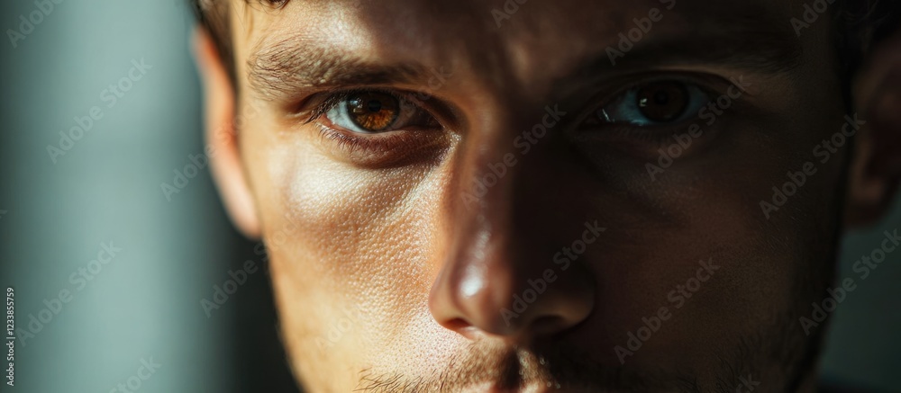 Caucasian man with brown eyes expressing introspection with empty space for text in a close-up portrait image. Caucasian man with brown eyes expressing introspection with empty space for text in a close-up portrait image.