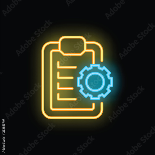 Neon clipboard with a cogwheel symbolizing project management and task organization