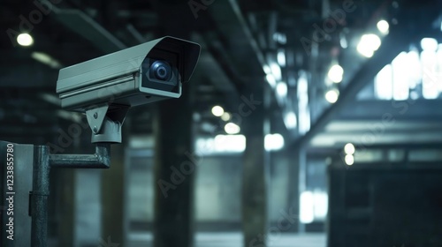 Video surveillance camera monitoring empty space in modern industrial factory setting for security and safety control purposes