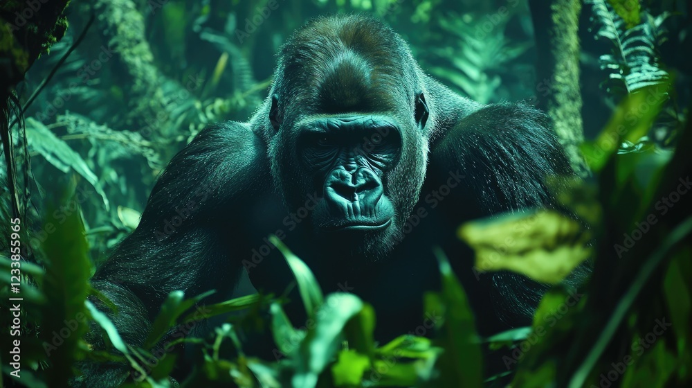 Naklejka premium Majestic Gorilla Surrounded by Dense Green Foliage in Enchanting Rainforest Environment