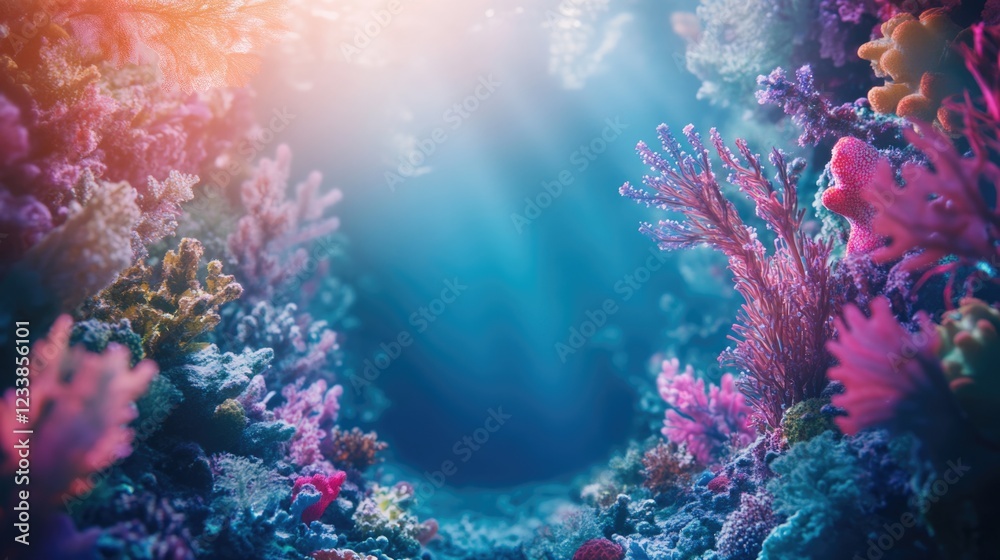 Fototapeta premium Vibrant underwater scene showcasing colorful coral reef with diverse marine life and clear space for text or overlay elements