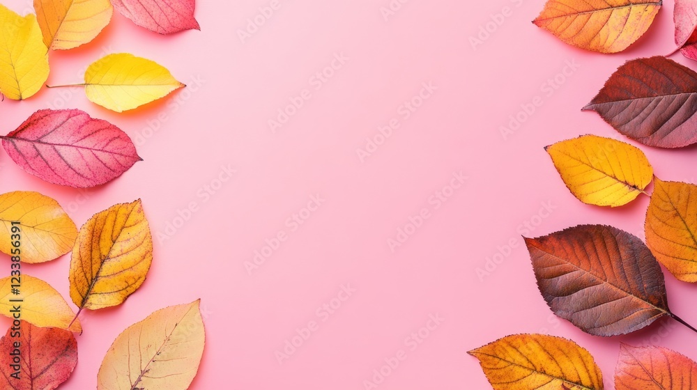 Obraz premium Autumn Leaves Border on Pink Background with Blank Space for Text or Design Elements