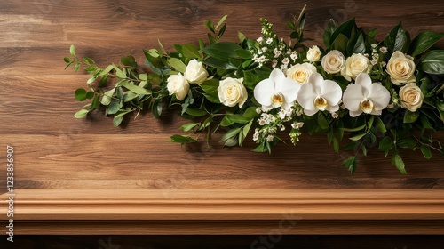 A funeral casket adorned with a luxurious spray of white orchids, roses, and greenery, elegant and serene composition