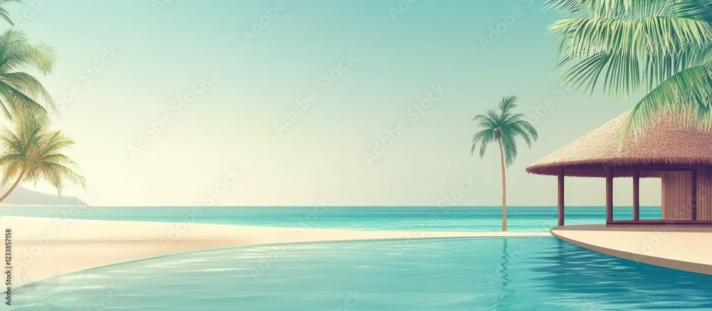 Obraz premium Serene villa pool overlooking an exotic beach with ample blank space for text placement and tropical palm trees in the background.