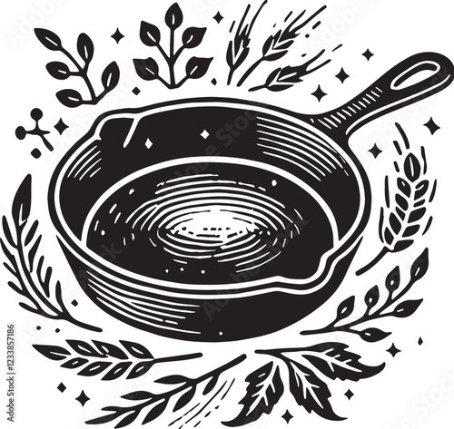 Black Cast Iron Skillet Silhouette Vector, High Quality Illustration on White Background