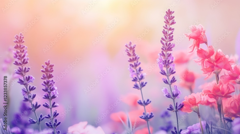 Naklejka premium Vibrant Blooming Flower Garden with Coral and Purple Flowers and Soft Background for Text Placement
