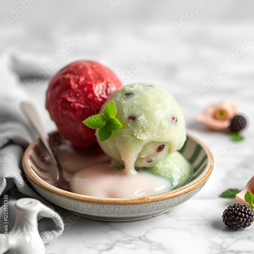 Selective focus on refreshing rew vegan sorbets, melting on serving ceramic plates on the marble table background photo