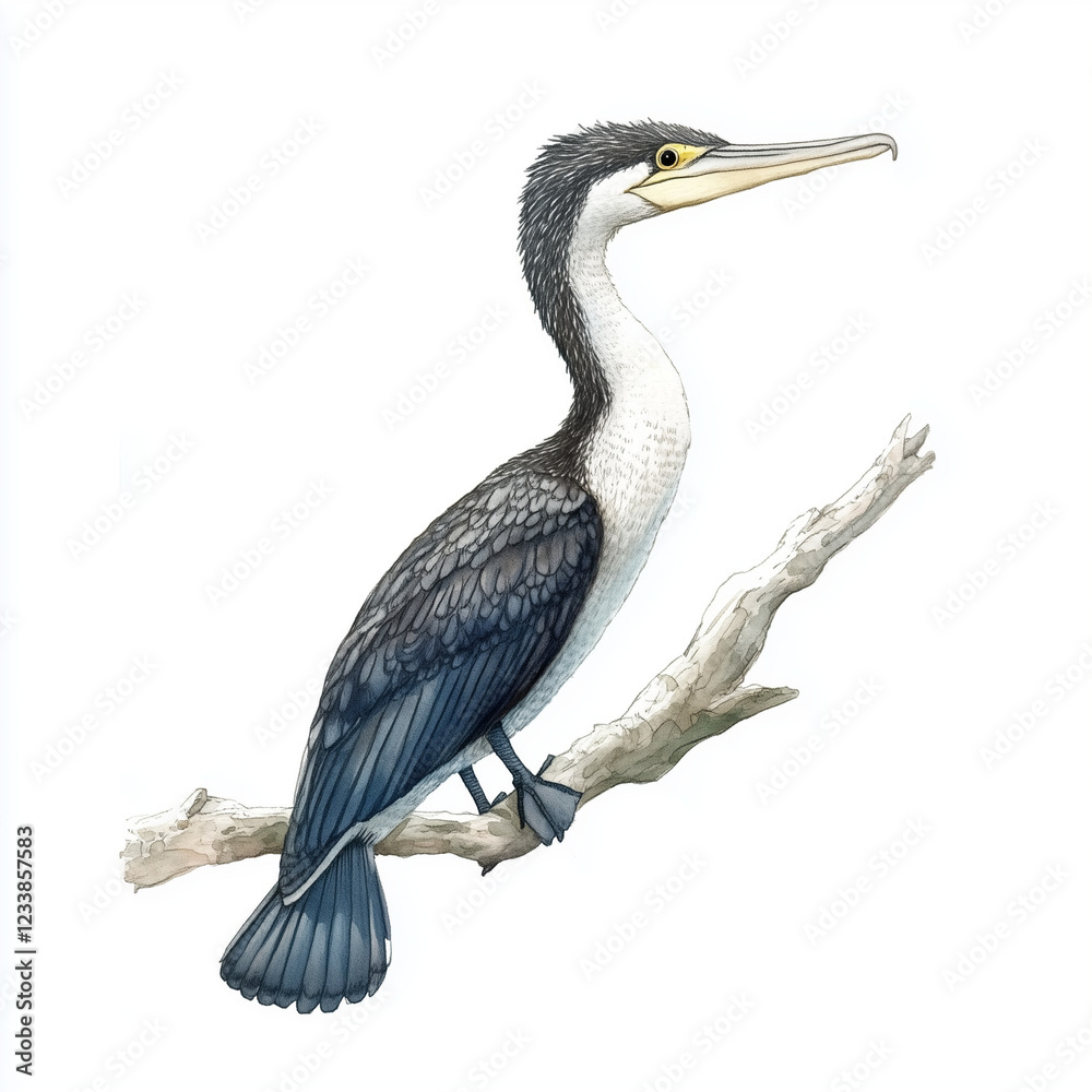Fototapeta premium Illustration of the Cormorant sitting on the branch, soft watercolor tones, white background, detailed illustration, cartoonish.