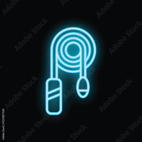 Blue neon sign of a jump rope glowing on a black background, perfect for fitness concepts