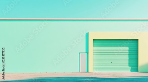 Vibrant Light Green Pop Art Exterior with Garage Door and Empty Copyspace for Text Suitable for Modern Design and Marketing Applications photo