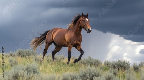 Wild Horse Running Freely on Lush Green Hill Amidst Dramatic Stormy Sky