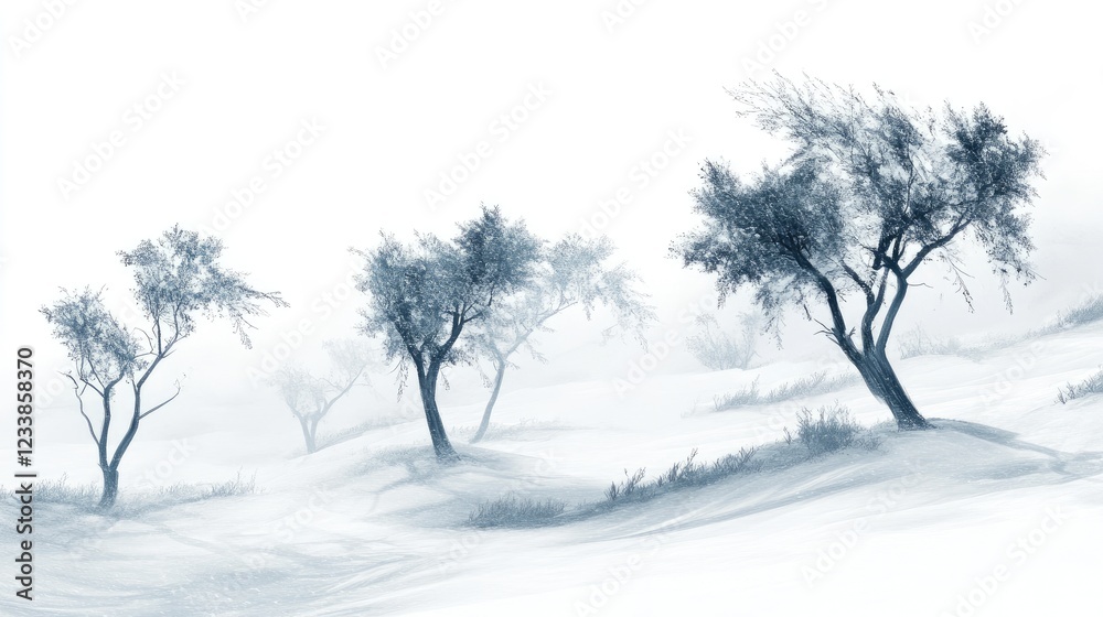 Fototapeta premium Serene winter landscape with snow-covered trees in a foggy atmosphere ideal for serene backgrounds or seasonal advertising purposes