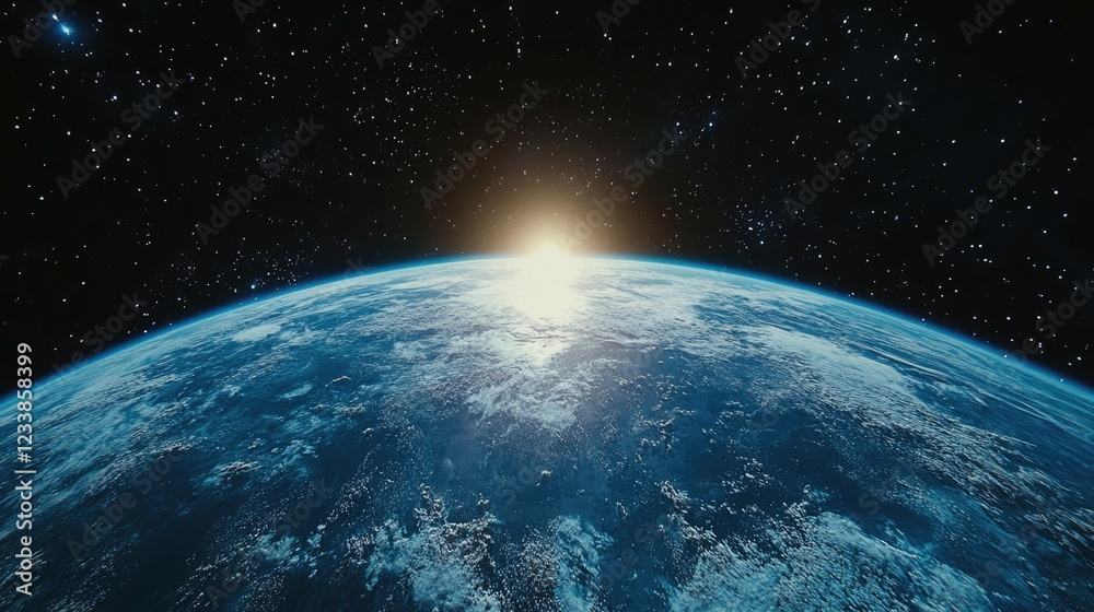 Obraz premium Aerial perspective of Earth in outer space with sunlight radiating across the horizon and stars in the background for text overlay.