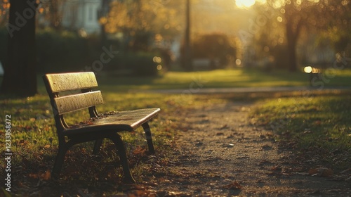 Tranquil urban park bench at sunset surrounded by greenery creating a peaceful atmosphere with ample empty space for text