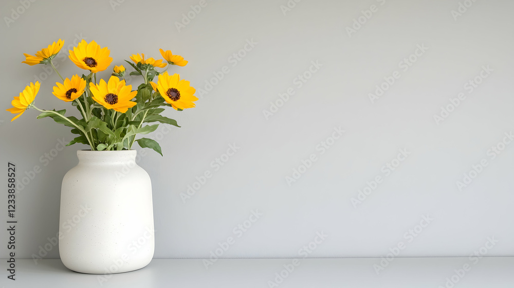 Yellow flowers in vase against grey wall, home decor Yellow flowers in vase against grey wall, home decor