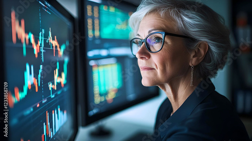 Senior woman analyzing stock market data on screens  
 photo