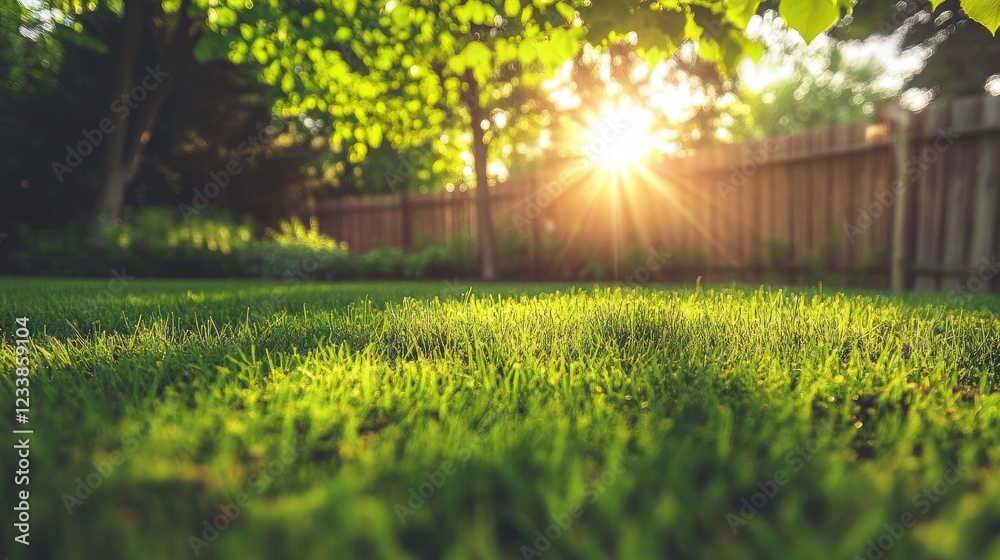 Obraz premium Serene backyard patio with lush grass, trees, and sunlight filtering through, creating a vibrant summer landscape. Perfect for outdoor relaxation.