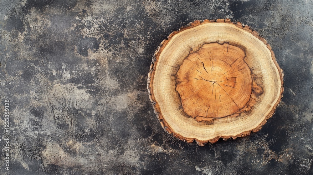 Natural wooden slice on textured background perfect for rustic home decor showcasing culinary themes and product presentations.
