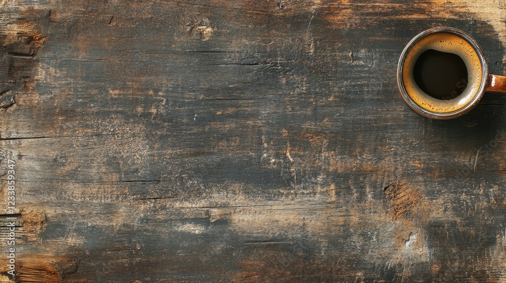 Freshly brewed coffee in a rustic cup on a weathered wooden surface with ample space for text or branding in a vintage style setting Freshly brewed coffee in a rustic cup on a weathered wooden surface with ample space for text or branding in a vintage style setting