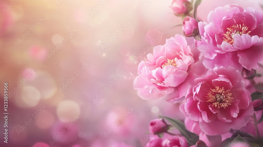 Fototapeta premium Vibrant pink peonies in soft focus with dreamy background creating a romantic and serene atmosphere for floral arrangements and decor