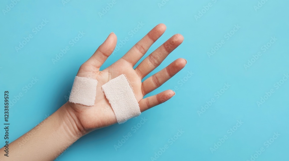 Naklejka premium Hand displaying adhesive bandages on a blue background highlighting skin injury care and health maintenance with space for text inclusion
