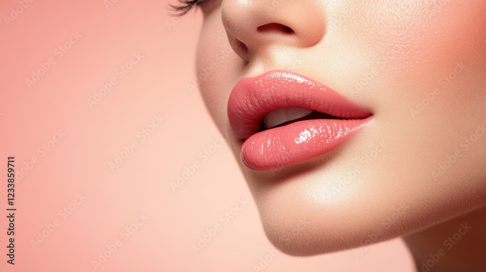 Obraz premium Young pretty girl with naturarl makeup on beige background. Skin care concept