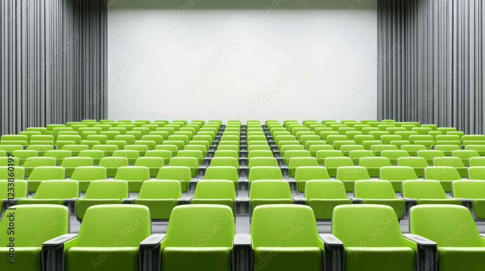 Fototapeta premium clean and minimalistic illustration of theater with green seating arranged in rows, creating modern and inviting atmosphere. empty space suggests anticipation for upcoming event