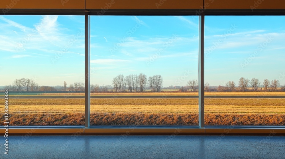 Fototapeta premium Scenic View of Fields and Trees Through Large Modern Windows in a Contemporary Space