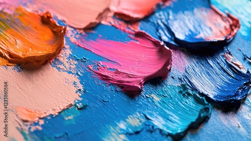 Vibrant Abstract Paint Strokes in Corals Blues and Greens on Canvas with Grunge Texture photo