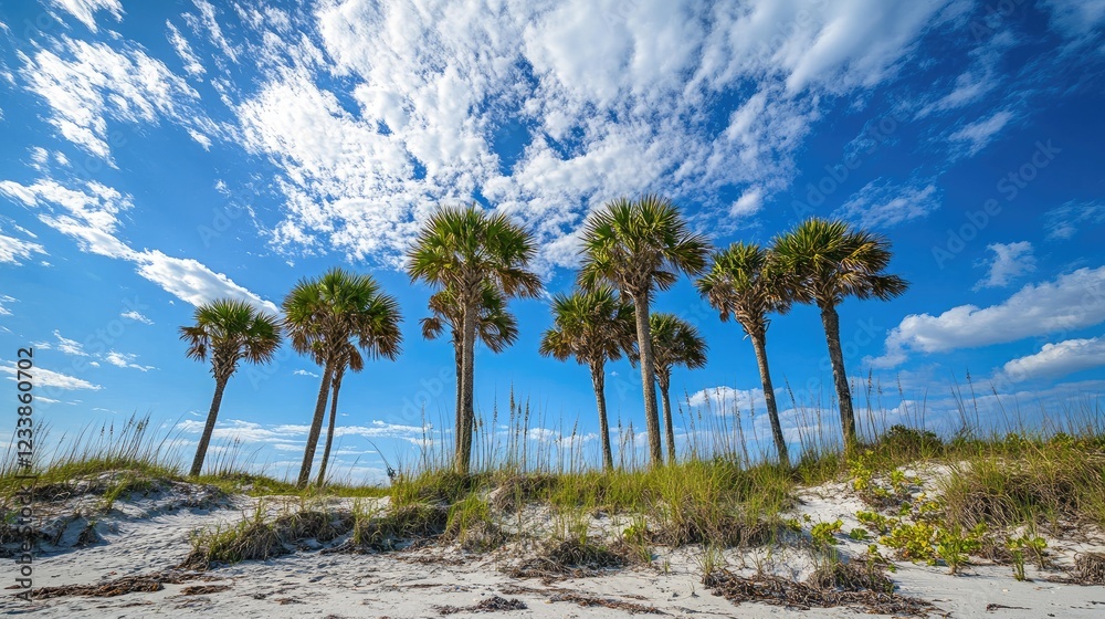 Panoramic view of palm trees standing on a sandy beach under a vibrant blue sky with fluffy white clouds and coastal vegetation. Panoramic view of palm trees standing on a sandy beach under a vibrant blue sky with fluffy white clouds and coastal vegetation.