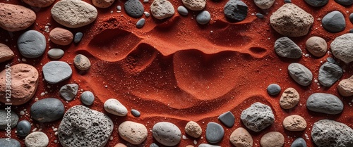 Rustic terracotta red alluvial sand with scattered pebbles background