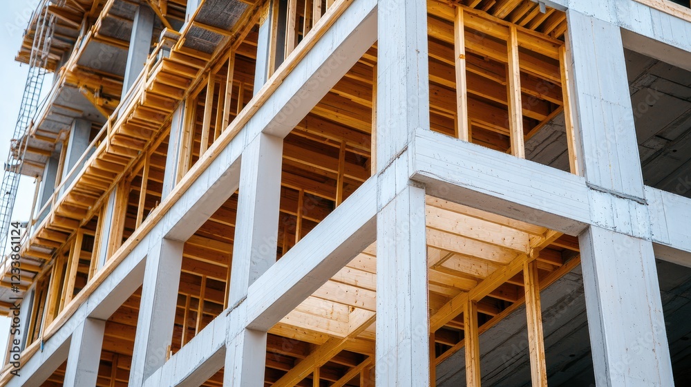 Modern construction site showcasing white structural elements and detailed window frameworks with wooden scaffolding in progress.
