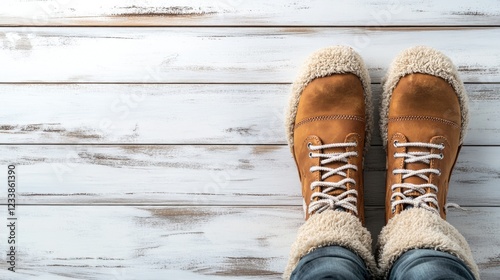 Winter Boots on Whitewashed Wooden Surface with Empty Space for Text Ideal for Seasonal Promotions and Retail Marketing Campaigns photo