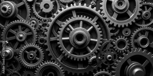 Wallpaper Mural A mesmerizing close-up of intricate black and white gears forms a captivating circular array. At its heart lies the central giant gear, surrounded by progressively smaller ones, creating a harmonious  Torontodigital.ca