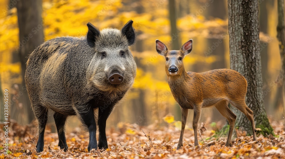 Wild boar and roe deer buck standing together in colorful autumn woodland surrounded by fallen leaves and trees Wild boar and roe deer buck standing together in colorful autumn woodland surrounded by fallen leaves and trees