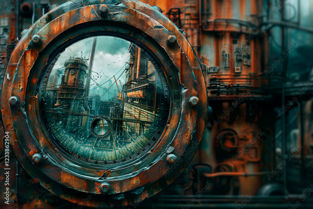 Fototapeta premium Post-Apocalyptic Industrial View Through a Rusty Porthole - Sci-Fi Dystopian Landscape with Futuristic Decay and Urban Ruins