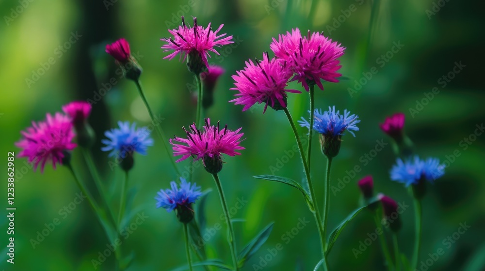 Obraz premium Bright close-up of colorful wildflowers featuring vibrant pink and blue blossoms against a lush green background showcasing natural beauty.