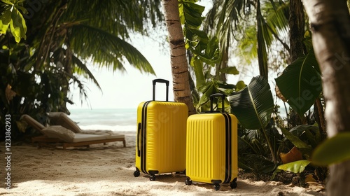 Fototapeta Naklejka Na Ścianę i Meble -  Bright Yellow Luggage Against Lush Tropical Greenery in Serene Beach Resort Setting with Soft Sand and Ocean View
