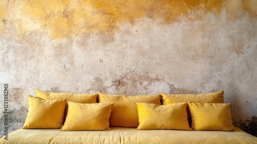 Yellow Sofa with Cushions Against Warm Textured Plaster Wall in Minimalist Interior Bathed in Natural Light, Cozy Home Decor Concept