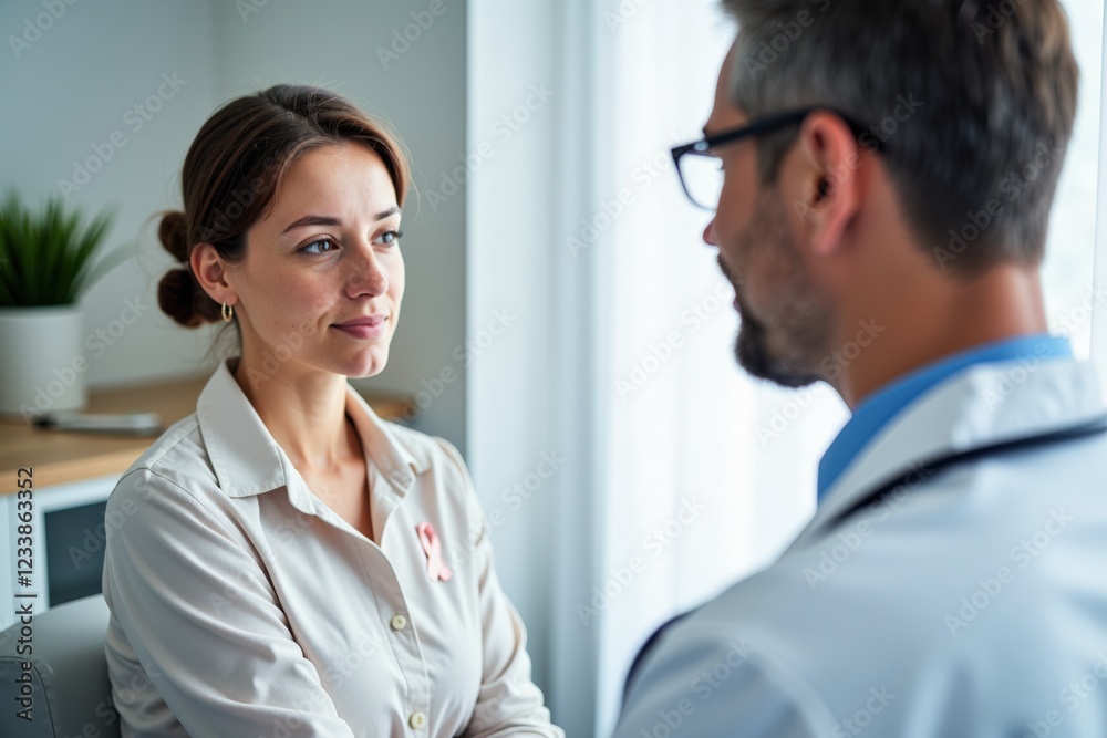 A Female Patient Engages in a Consultative Dialogue with a Male Physician in a Bright and Modern Healthcare Setting A Female Patient Engages in a Consultative Dialogue with a Male Physician in a Bright and Modern Healthcare Setting
