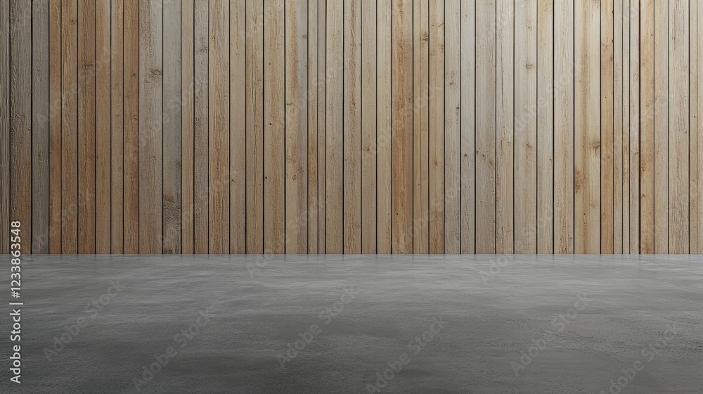 Empty spacious room with smooth cement floor and vertical wooden wall ideal for various design and decoration projects.
