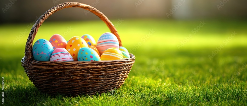 Fototapeta premium Woven basket filled with colorful painted easter eggs on green grass in bright sunlight