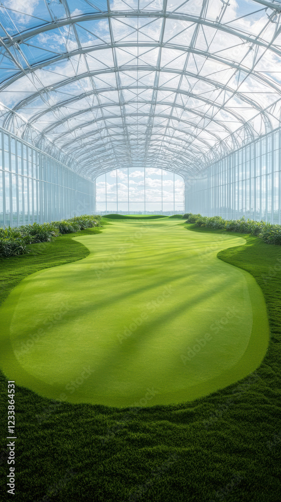 Obraz premium golf course inside massive glass dome, featuring lush green grass and bright sky. serene atmosphere invites relaxation and enjoyment