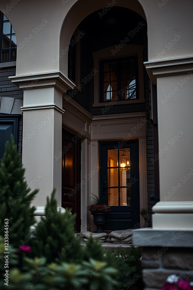 Fototapeta premium Elegant Home Entrance at Night: Modern Architecture and Luxurious Design. Captivating view of a stylish house exterior at dusk.