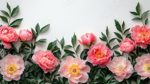 Wallpaper Mural Top view of soft pink peonies and green leaves on a white backdrop creating a tranquil space for your text or design elements. Torontodigital.ca