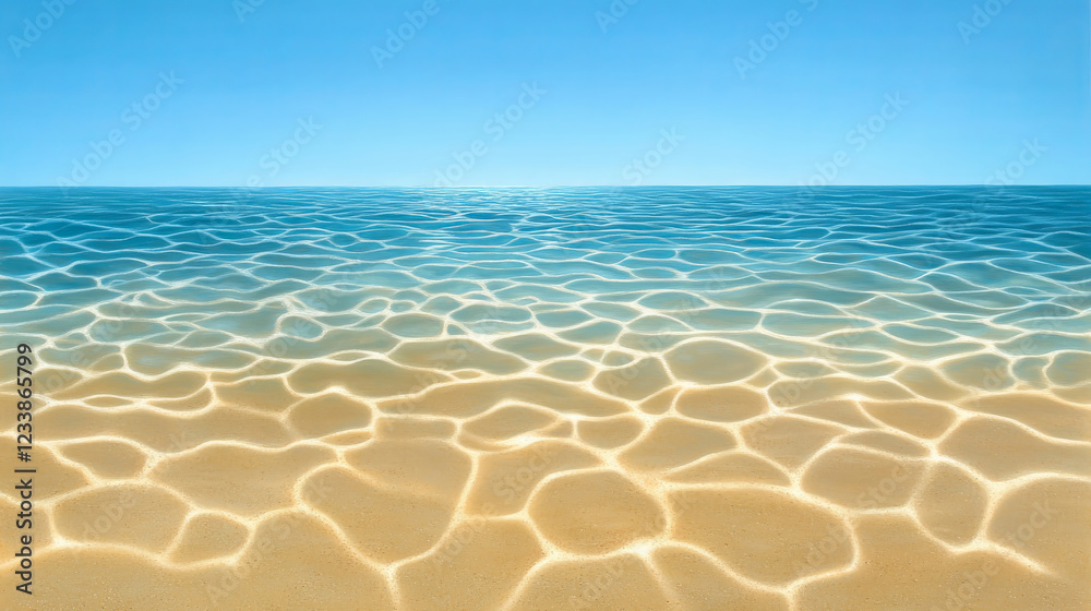serene view of shallow water near shore, showcasing gentle ripples and clear blue sky. sunlight creates beautiful patterns on sandy bottom, evoking sense of tranquility and peace serene view of shallow water near shore, showcasing gentle ripples and clear blue sky. sunlight creates beautiful patterns on sandy bottom, evoking sense of tranquility and peace