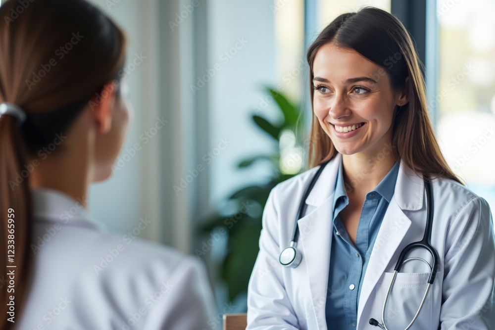 A Smiling Female Doctor in a Consultation Room Engaging with a Patient, Demonstrating Compassion and Professionalism in Healthcare Settings A Smiling Female Doctor in a Consultation Room Engaging with a Patient, Demonstrating Compassion and Professionalism in Healthcare Settings